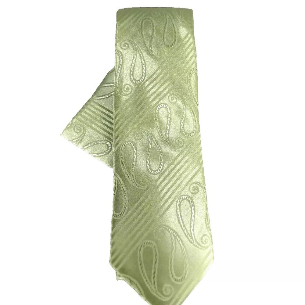 Bruno Conte Men's Tie and Hanky Set Green Striped Large Paisley Extra-Long 64"